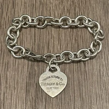 Tiffany & Co 925 Silver Please Return To New York Heart Tag Charm 7.5” Bracelet