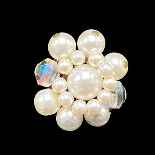 Clip on Earrings Vintage Faux Pearls Aurora Borealis Crystals Gold Tone Japan - Picture 3 of 7