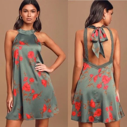 NWT Lulus M Short And Chic Sage Green Floral Print Satin Halter Mini