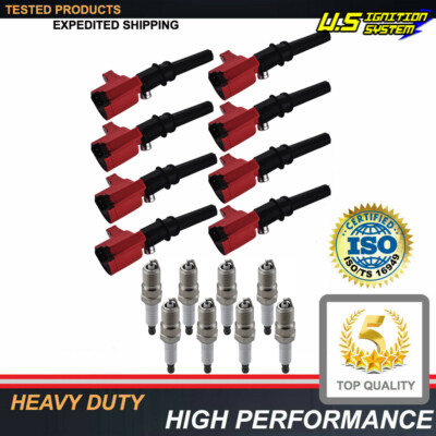 8 Red Ignition Coils DG508 Spark Plugs Set For Ford F-150 Mustang SP413