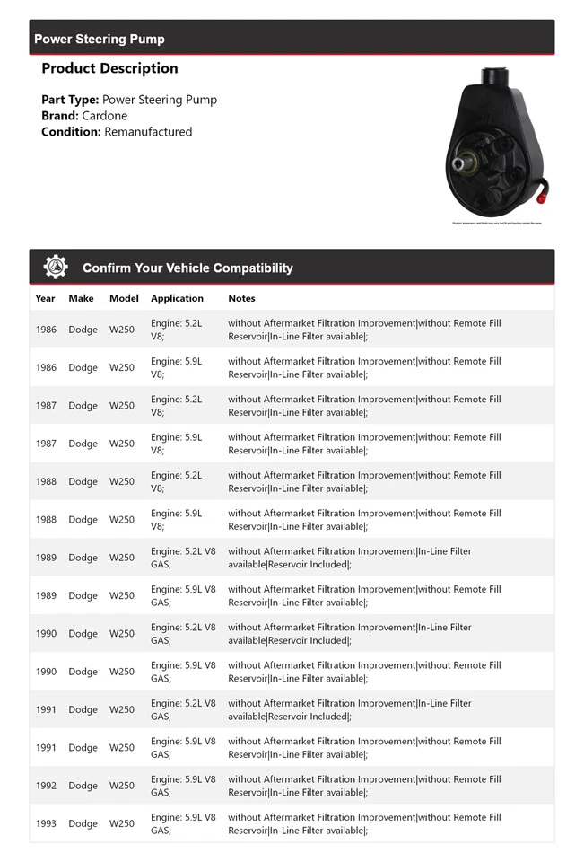 Bomba de dirección asistida Cardone 1987 1988 1989 1990 1991 para Dodge W250 1986-1993 Foto 2 de 4