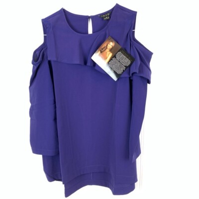 IMAN Womens Blouse Purple Cold Shoulder Crew Neck Keyhole Flounce Stretch M New