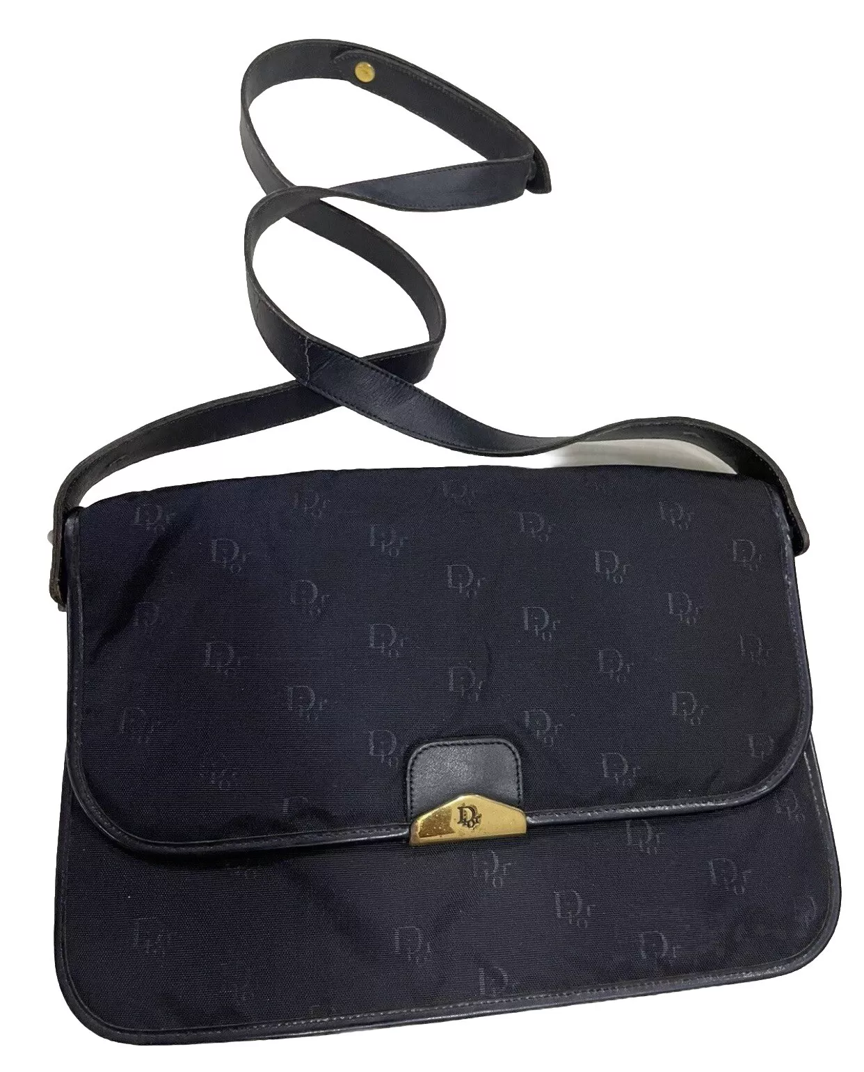 Sac à rabat vintage Christian Dior noir logo monogramme bandoulière épaule