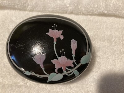 RUSS Jewelry Box Black w/Pink Orchids #5014 1 5/8'' Tall x 3 1/4'' x 2 5/8'' Japan