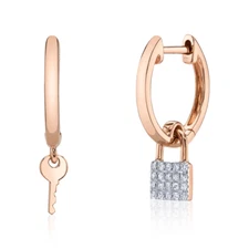 Diamond Lock and Key Earrings 14K Rose Gold Natural 0.06 CT Pave Set Certified