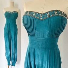 Vintage 90s Teal Blue Jeweled Strapless Bustier Jumpsuit w Harem Pant SM