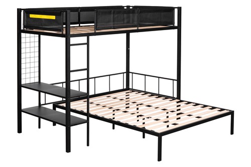 Modern Metal Twin over Full Bunk Bed Frame Wooden Slat with Shelves Black NEW - Picture 6 of 9