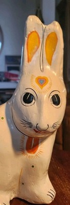 Vtg White PAPER MACHE Folk art Easter Bunny Hand painted  Figure 10  X 8''