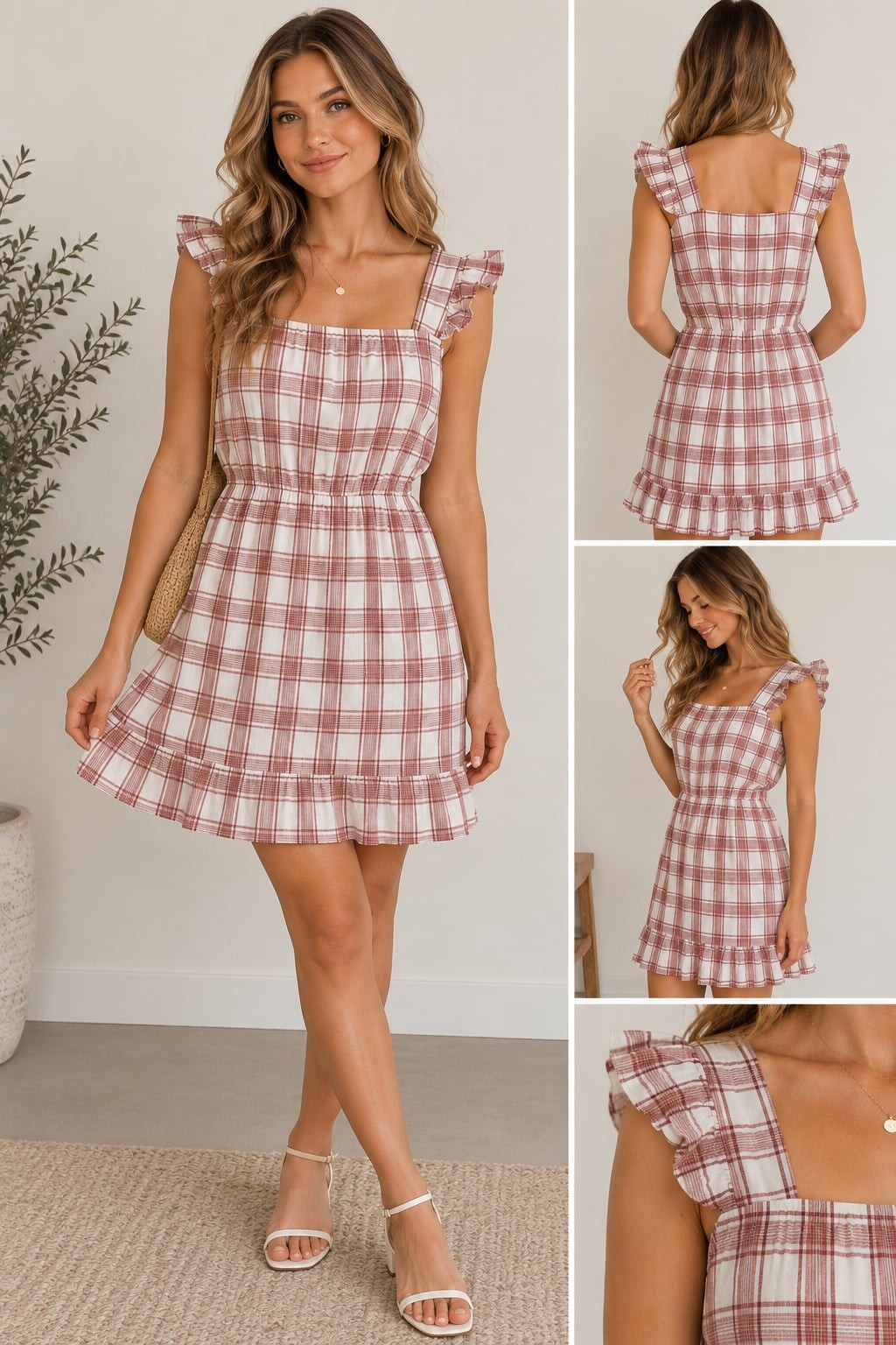 Anchora Bella Women's Plaid Ruffle Sleeve Mini Dress