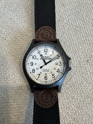 Timex Expedition 40mm Black Resin Case, Black Nylon Brown Leather Strap NWOT