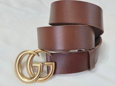 Authentic Brown Leather Gucci Belt 1.5" Width Gold GG 36/38 105cm Unisex