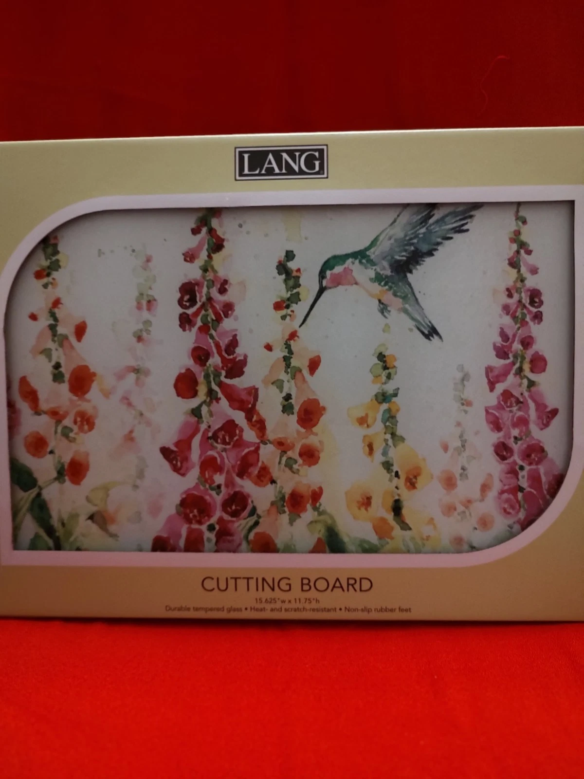 Lang ~ Hummingbird Flutter & Flowers Tempered Glass Cutting Board Susan Winget