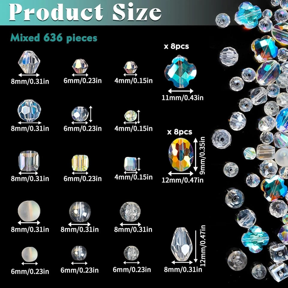 636 piezas cuentas de vidrio para hacer joyas, cuentas de cristal surtidas con cuentas sueltas f Foto 4 de 4