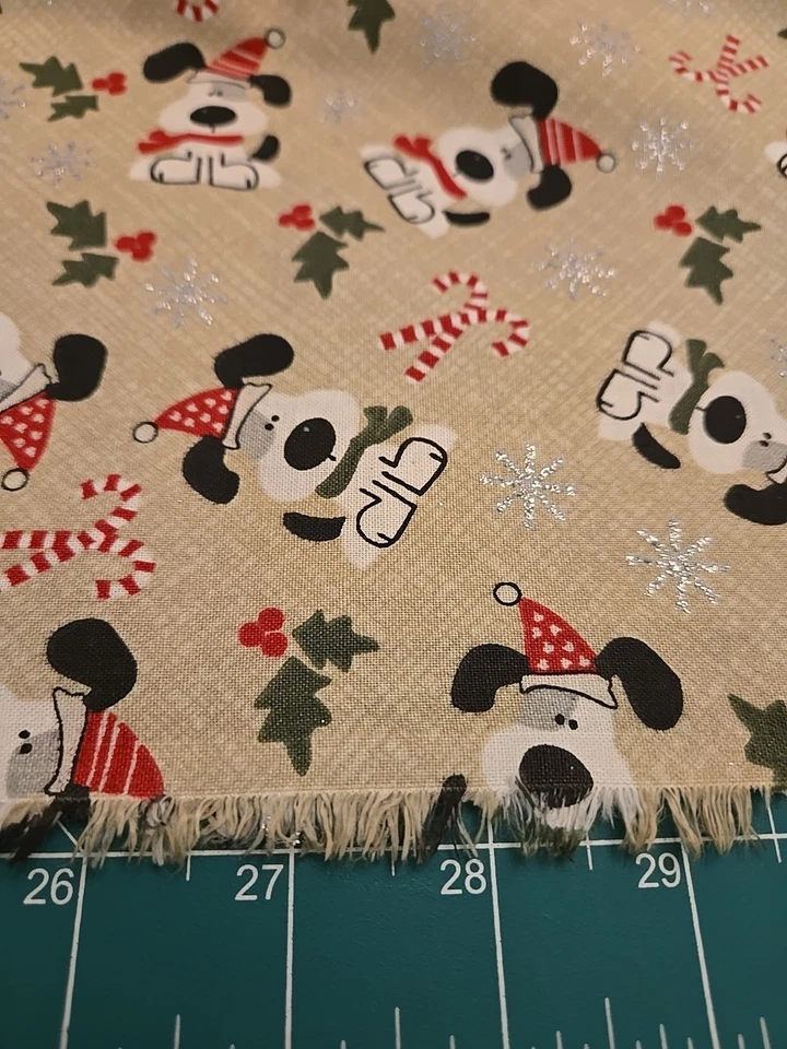 Glitter 1.5 Yards  Fabric Christmas Dog Candy Cane Snowflake Tan Puppies Jo Ann - Image 3 of 4