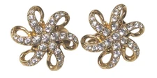 VTG Swarovski Clip-on Earrings Gold-tone White Crystals Bow Flower Pinwheel