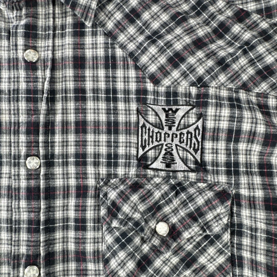 West Coast Choppers Jesse James 工作服珍珠扣法兰绒衬衫格子男式 M — 第 3/4 张图片