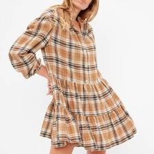 GAP Womens L Camel Plaid Button-Front Long Sleeve Tiered Dress Cotton Comfy Chic