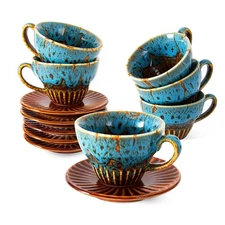New oz Espresso Cups Set of 6 Ceramic Cappuccino with Saucers, Stackable Coffee