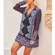 Women Free People Meadow Mod Mini Shift Dress in Boho Blue Check Measurement