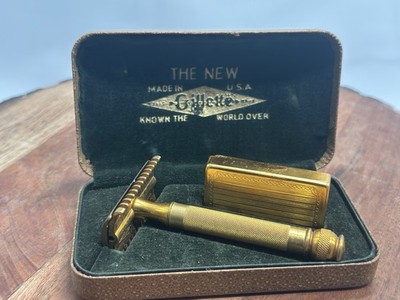 GILLETTE Gold Tone Razor & Blade In Original Case Barber Vintage / Antique