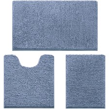 HOMEIDEAS Grey Blue Chenille Bathroom Rugs Set of 3, Non Slip Bath Mat  Supe...