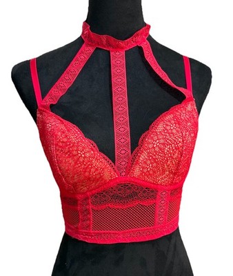 Victoria s Secret Red Lace Longline Bra Strappy Choker Harness Lingerie 34C Sexy