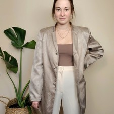 Vintage 90s Y2K Taupe Swirl Wave Satin Silk Blazer Jacket Women's Medium