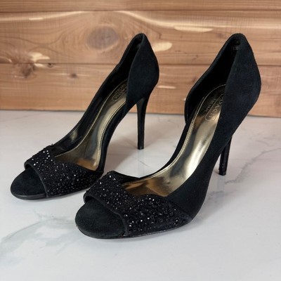 Coach Black Suede Rhinestone Peep Toe Pumps d'Orsay Stiletto Heels Womens 6B