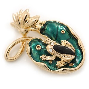 Authentic Small 'Frog On The Lotus Leaf' Brooch In Gold Plated Metal - 4.5cm Length