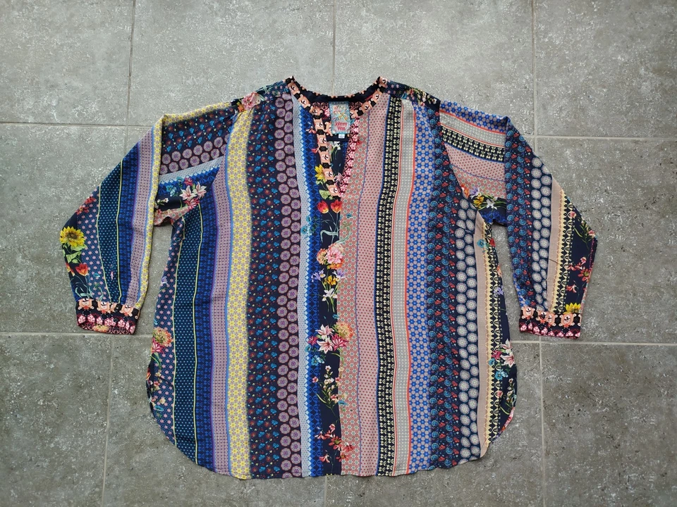 Chemisier Johnny Was manches longues patchwork bohème rayé floral 100% soie t... - Photo 3/4