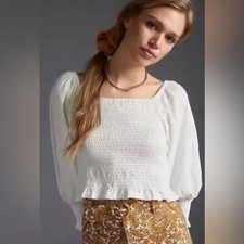 Anthropologie Pilcro Ginny Smocked Crop Top White 100 Cotton XL