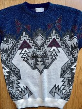 VTG 80s 90s Mens LE TIGRE Metallic Thread Crew Neck Geometric Sweater S Small