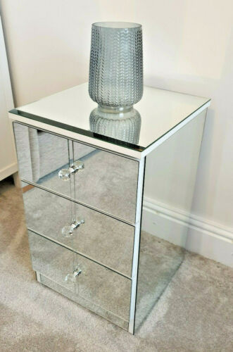 Mirrored Glass Bedside Table Cabinet 3 Drawer Chest Crystal Handles Handmade UK - Picture 2 of 12