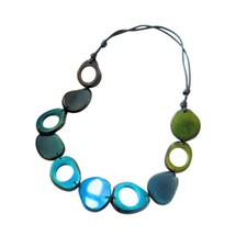 Long Tagua Nut Necklace in Blue, Green Adjustable Plant Length, Ivory Tagua Neck