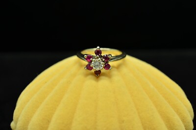 14K White Gold Diamond & Pink Ruby Flower Setting Ring Band Size 2.25