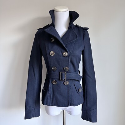 H&M DIVIDED Navy Blue Wool Double Breasted Belted Fitted Pea Coat, Women s Sz 4