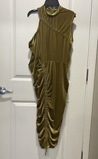 New ASOS High Neck Ruched Velvet Midi Bodycon Chartreuse Dress US 8
