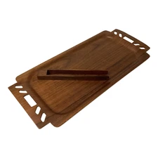 Mid Century Modern Bentwood Tray and Tongs With Cut Out Handles by Overton Origi