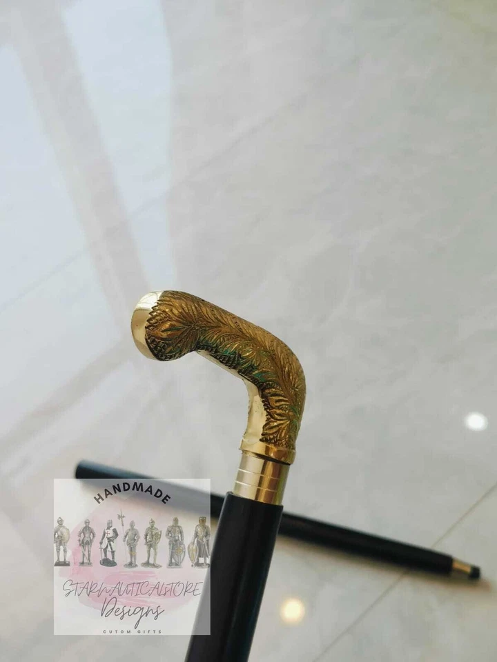 Antique Brass Designer Handle Vintage Walking Cane Wooden Walking Stick Men's - Image 4 of 4