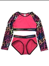 Justice Girls 2pc Swim Suit Pink Grafiti Print Rash Guard & Briefs Set