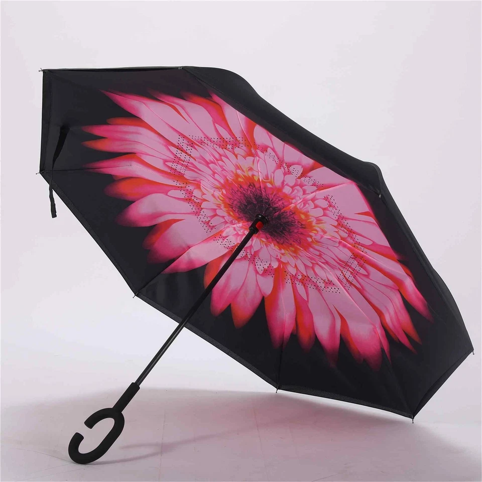 Regenschirm umgedreht Pink Rote Blume Stockschirm doppellagig Sturmfest - Bild 3 von 4