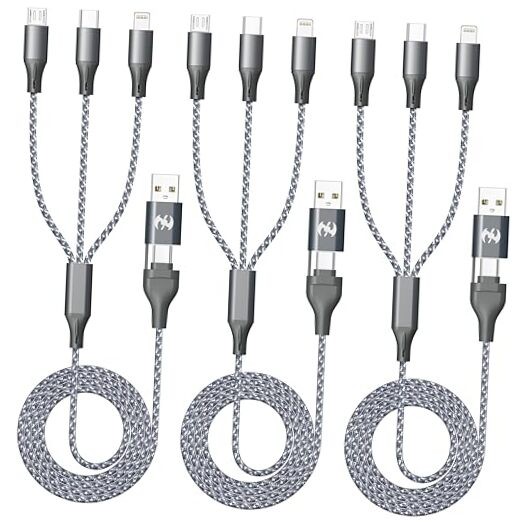 3-in-1 Multi Charging Cable 4ft Nylon Grey White 3-Pack  