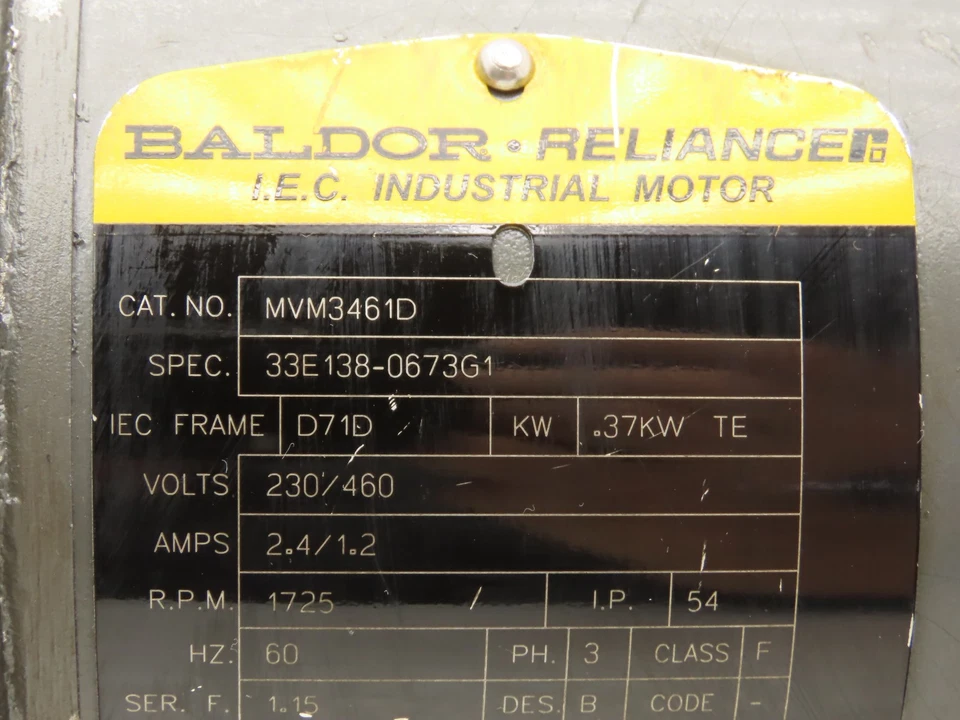 Baldor MVM3461D Metric AC Motor .37kw 1725 RPM 230/460V 3PH IEC D71D Frame - Image 2 of 4