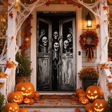 Skeleton Halloween Door Banner Skulls Open Door Backdrop Front Decor
