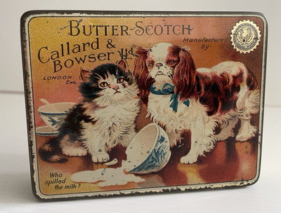 Original antike leere Toffee Dose um 1890 Callard & Bowser Spaniel Hund & Katze