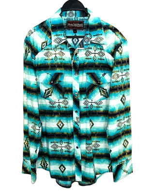 ROCK & ROLL COWBOY Medium Western Shirt Turqoise Blue Pearl Snaps Southwestern