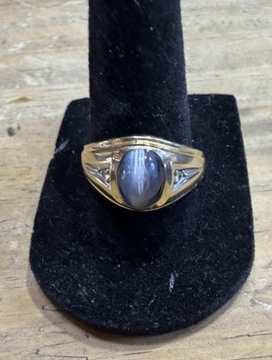 MAGIC GLO 10K Yellow Gold Cat Eye & Diamonds Men s Ring 4.26g