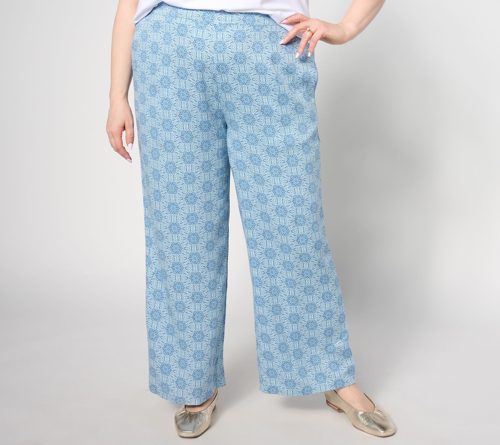 Denim & Co. Women's Pants Sz L Soft Woven Printed Pull-On Ankle Pant Blue