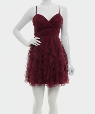 Pear Culture Juniors' Women's Red Glitter-Mesh Petal Lace-Up Dress Size 9-10