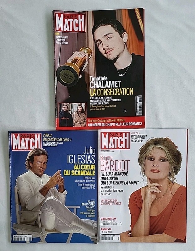 Lot of 3, French, Paris Match Magazines, Bardot, Iglesias, Chalamet.